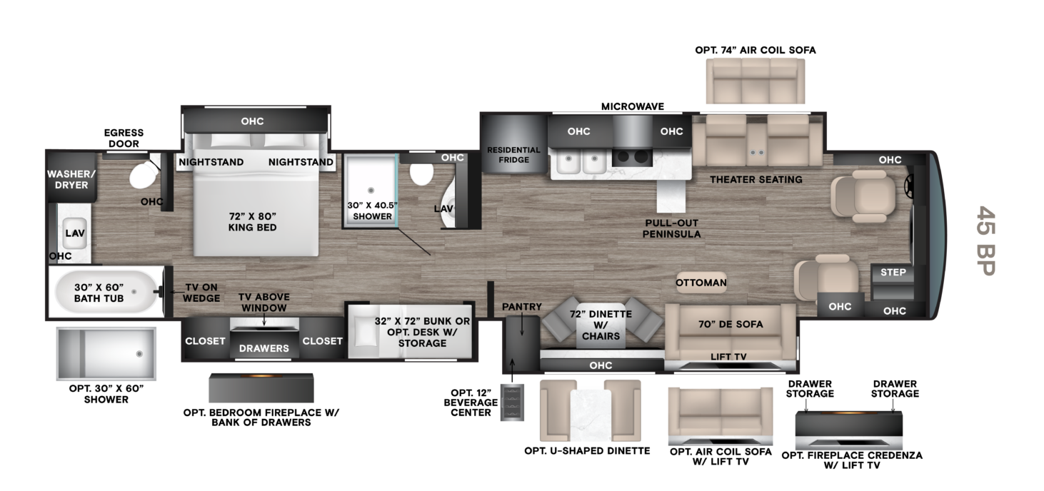 NEW 45 BP (45' 2 Full Bath, Mid-Coach Bunks)