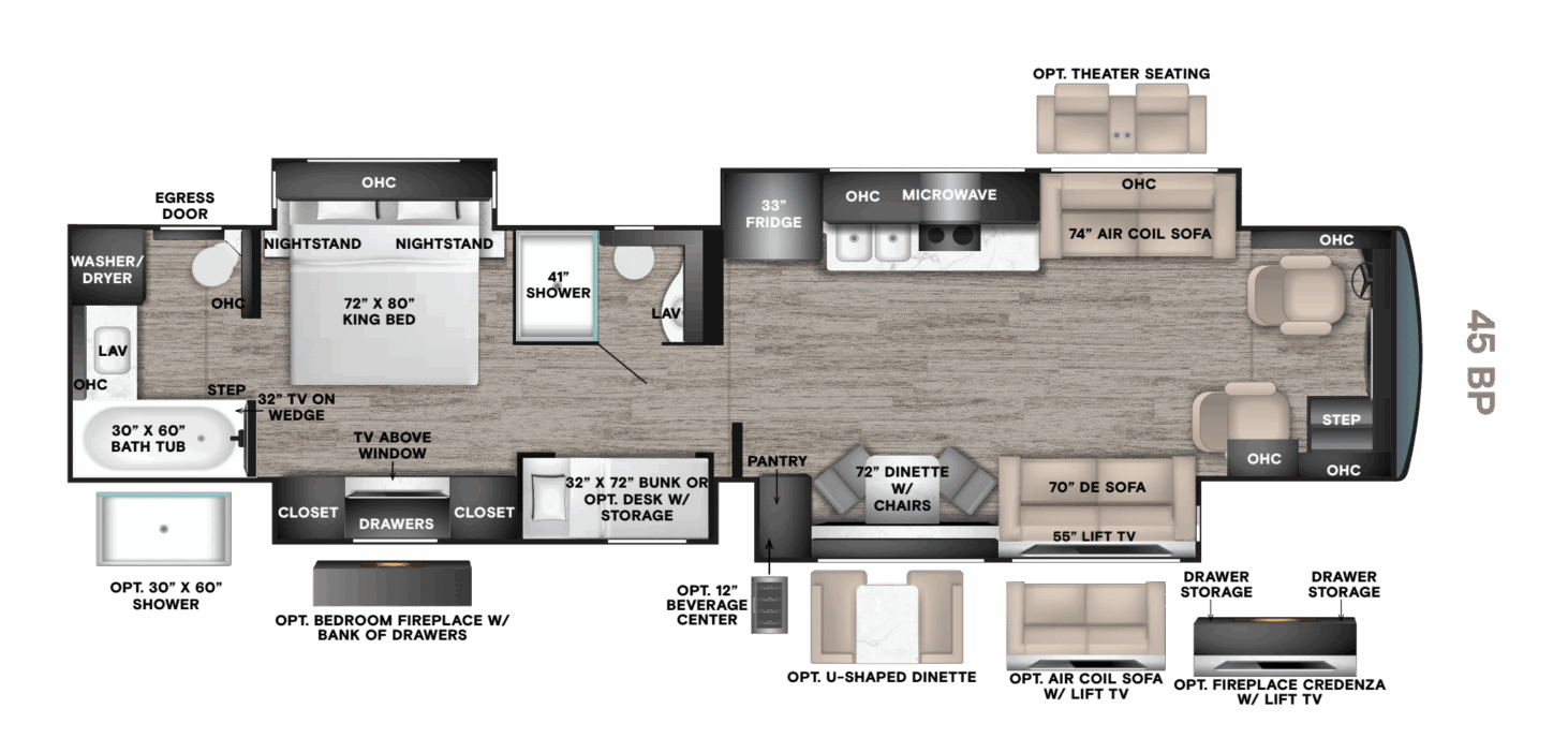 NEW 45 BP (45' 2 Full Bath, Mid-Coach Bunks)